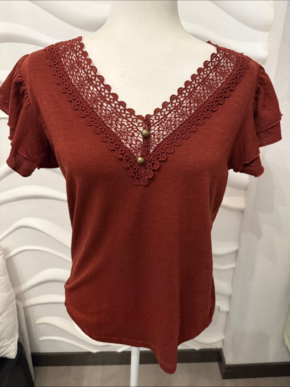 Women's Lace-Trim V-Neck Short Sleeve Top - Rust